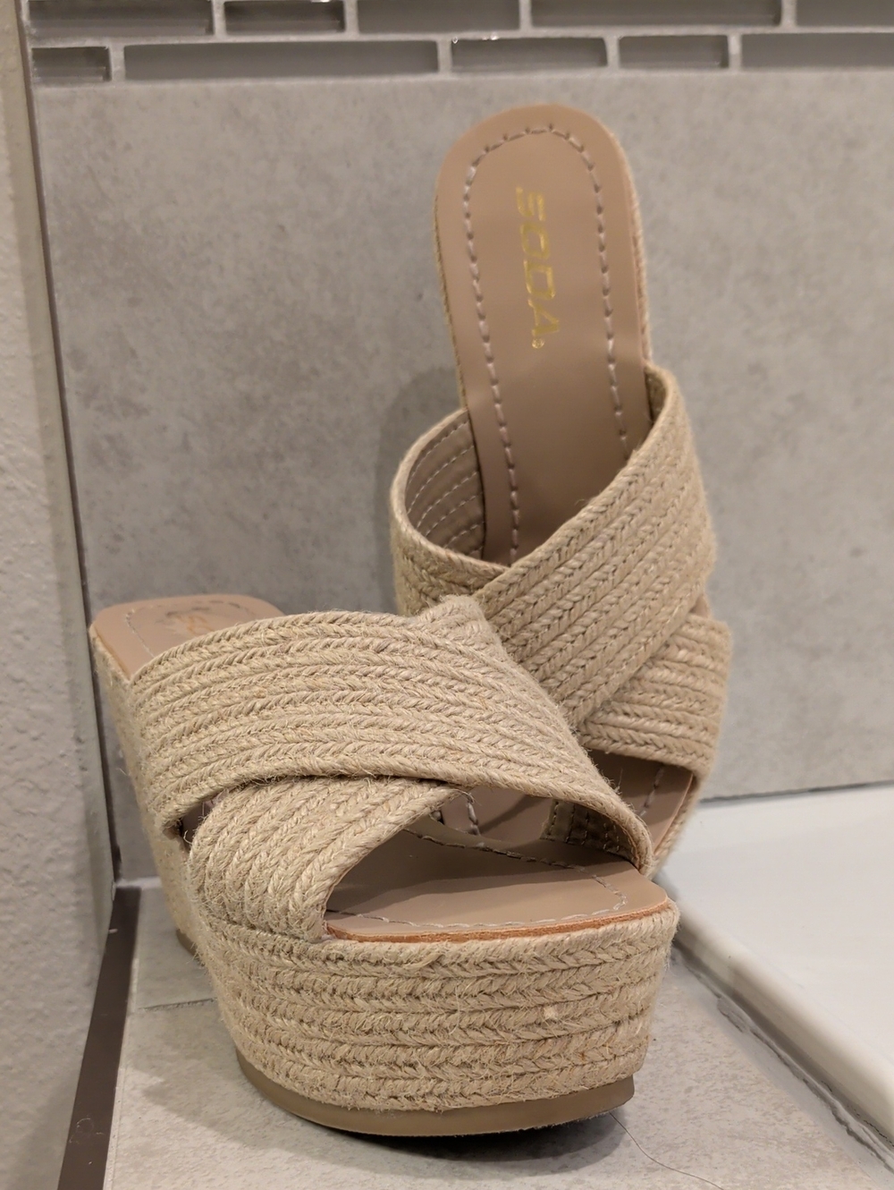 Soda Natural Beige Woven Platform Slide